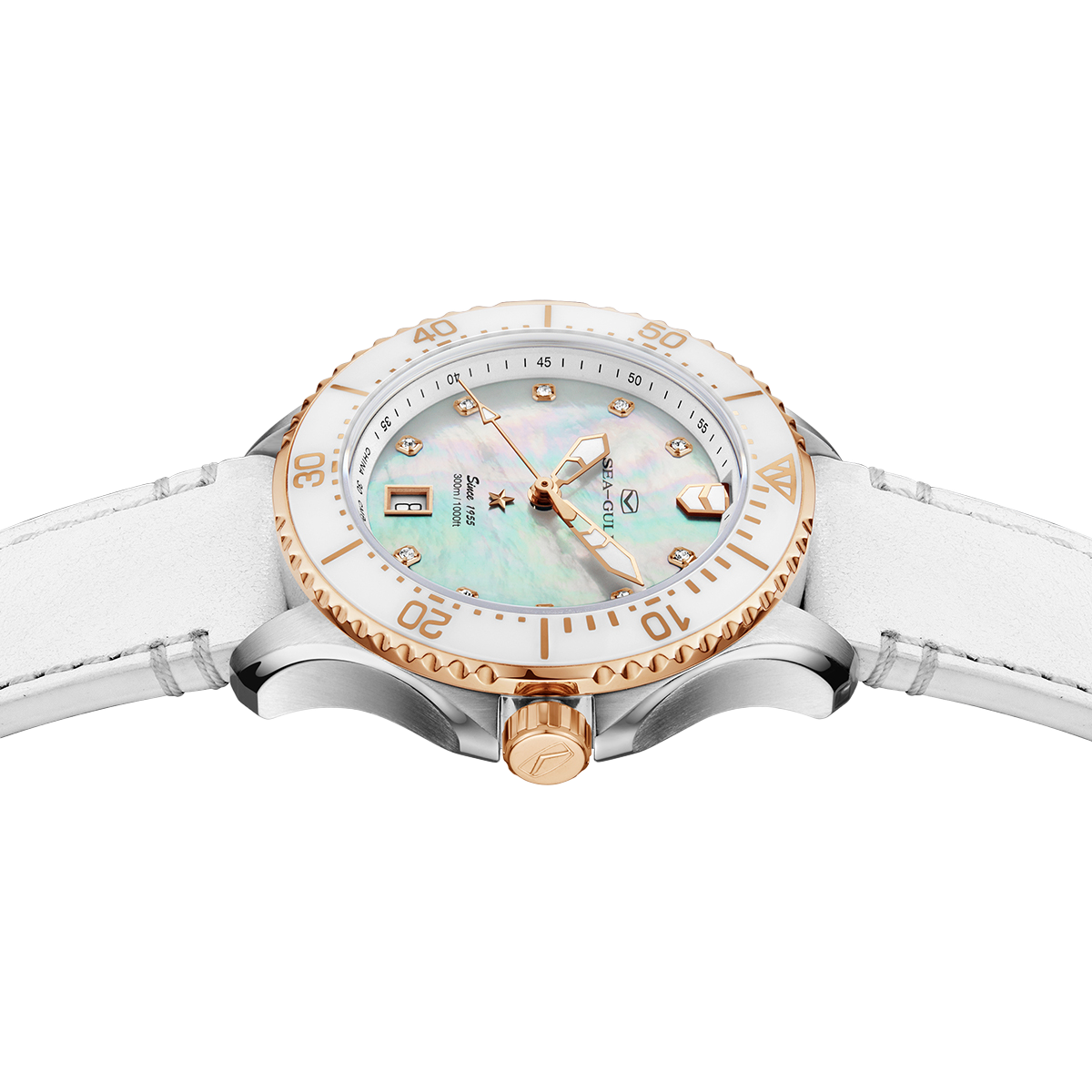 Sea-Gull Ocean Pro Breathe Edition – Side Profile, White Leather Strap, Stainless Steel Case, 300M Water Resistance