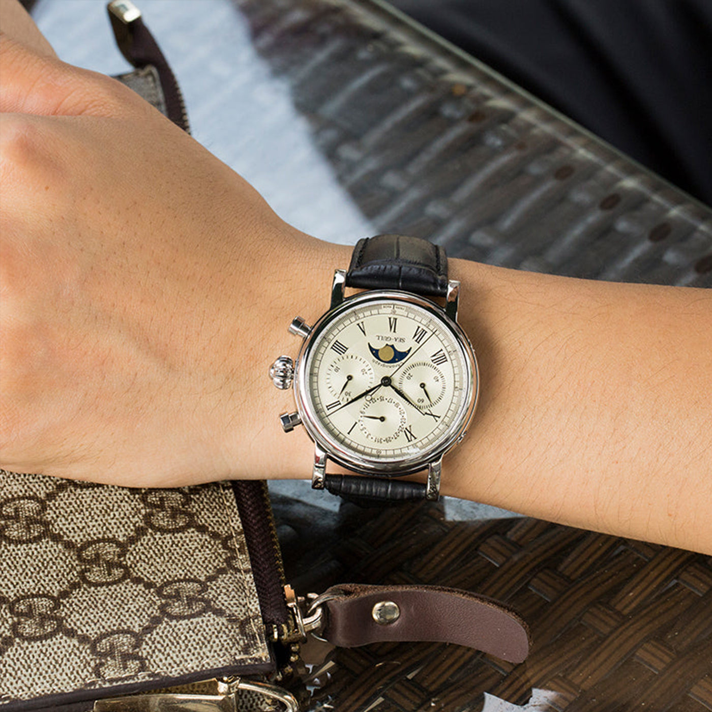 Sea-Gull M199S Classic Chronograph Watch | ST1908 Hand-Winding Mechanical Movement with Moonphase & Date