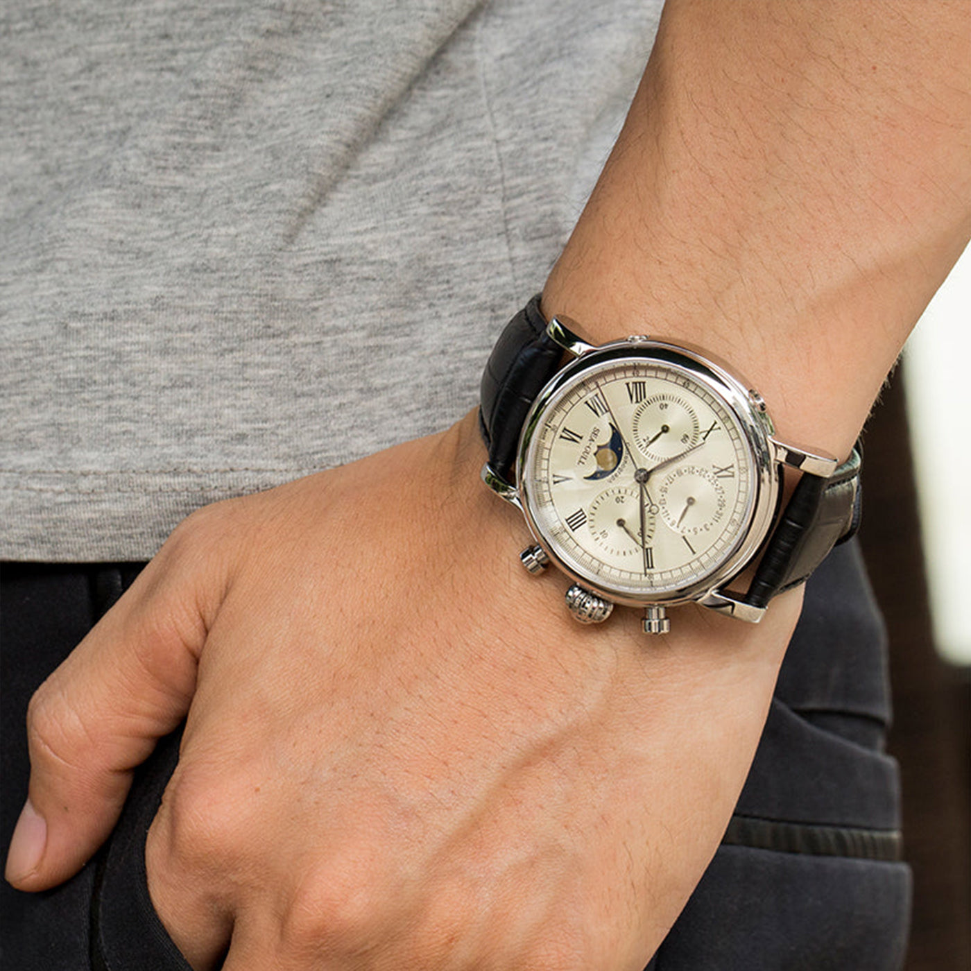 Sea-Gull M199S Classic Chronograph Watch | ST1908 Hand-Winding Mechanical Movement with Moonphase & Date