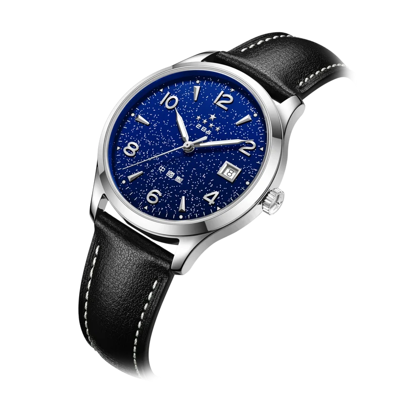 1955 Wuxing Five Stars Reissue Blue Enamel Silver-Sprinkled Dial Vintage Dress Watch 39mm