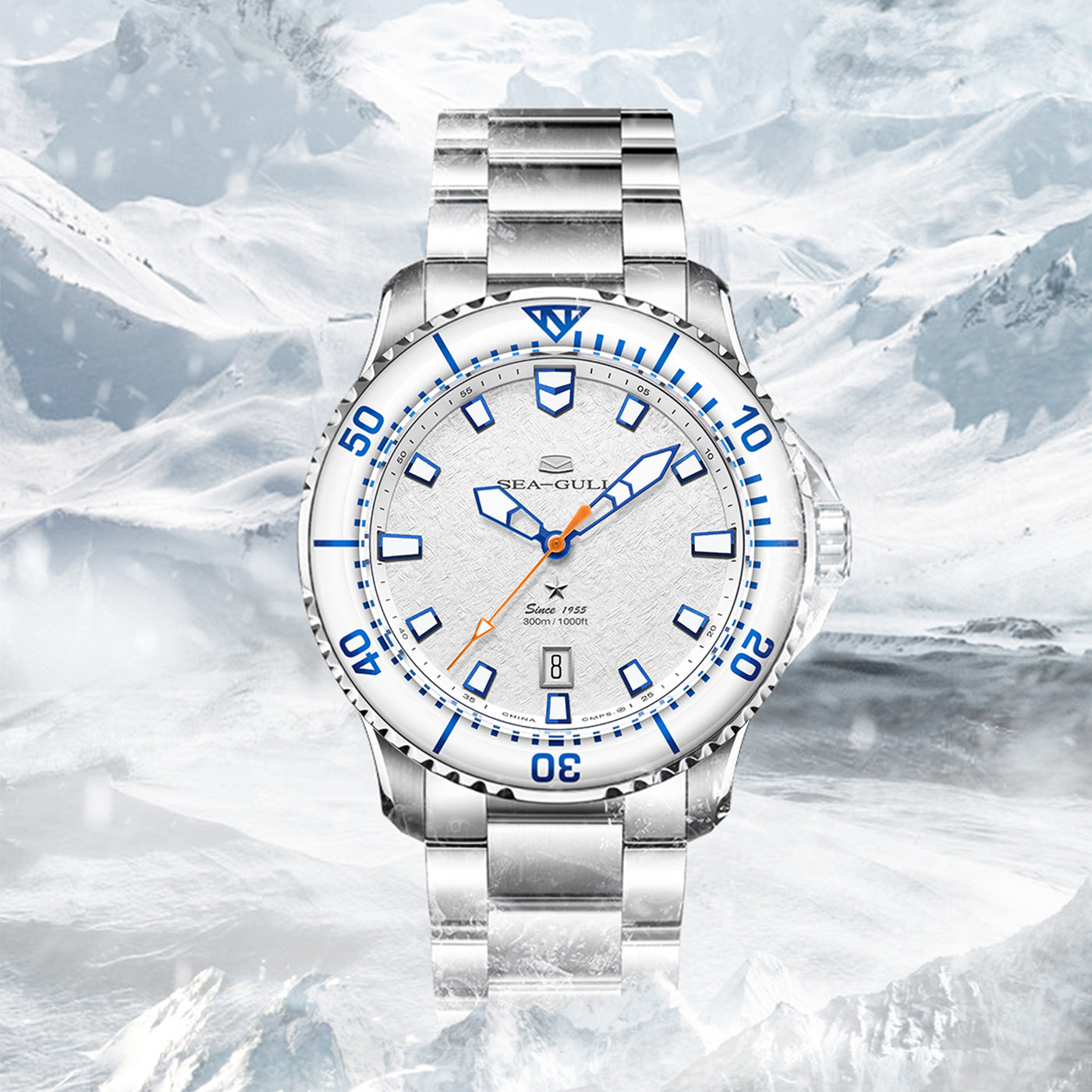 The "Ice Wing" Ocean Series Pro: 43.5mm Rugged 300M Diver in Snow White