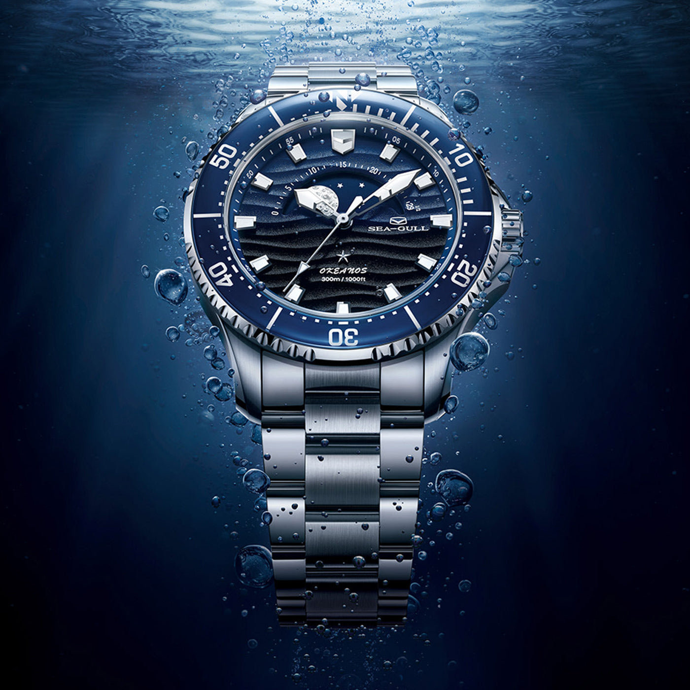 SEAGULL "Moon-Phase & Tide" Diver – 300m Water Resistant Luxury Sports Watch