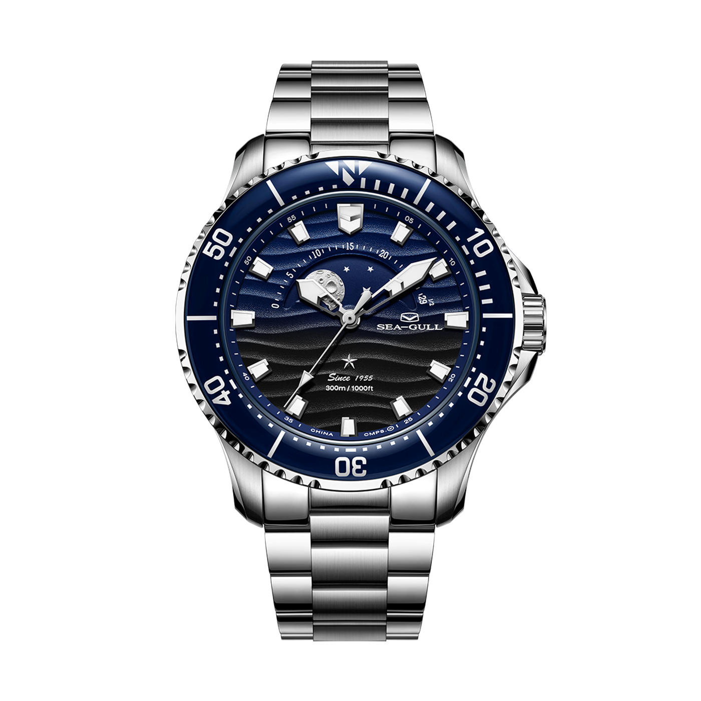 SEAGULL "Moon-Phase & Tide" Diver – 300m Water Resistant Luxury Sports Watch