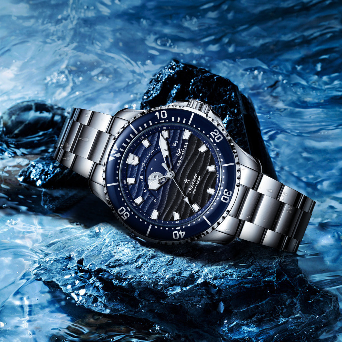 SEAGULL "Moon-Phase & Tide" Diver – 300m Water Resistant Luxury Sports Watch