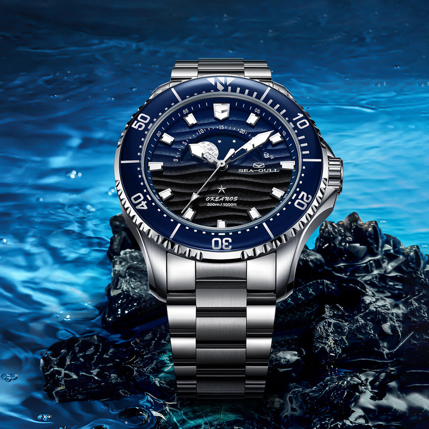SEAGULL "Moon-Phase & Tide" Diver – 300m Water Resistant Luxury Sports Watch