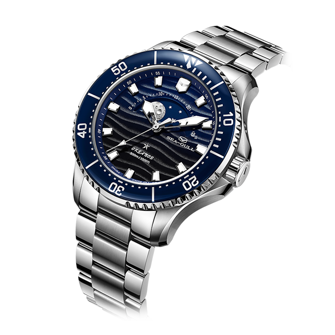 SEAGULL "Moon-Phase & Tide" Diver – 300m Water Resistant Luxury Sports Watch