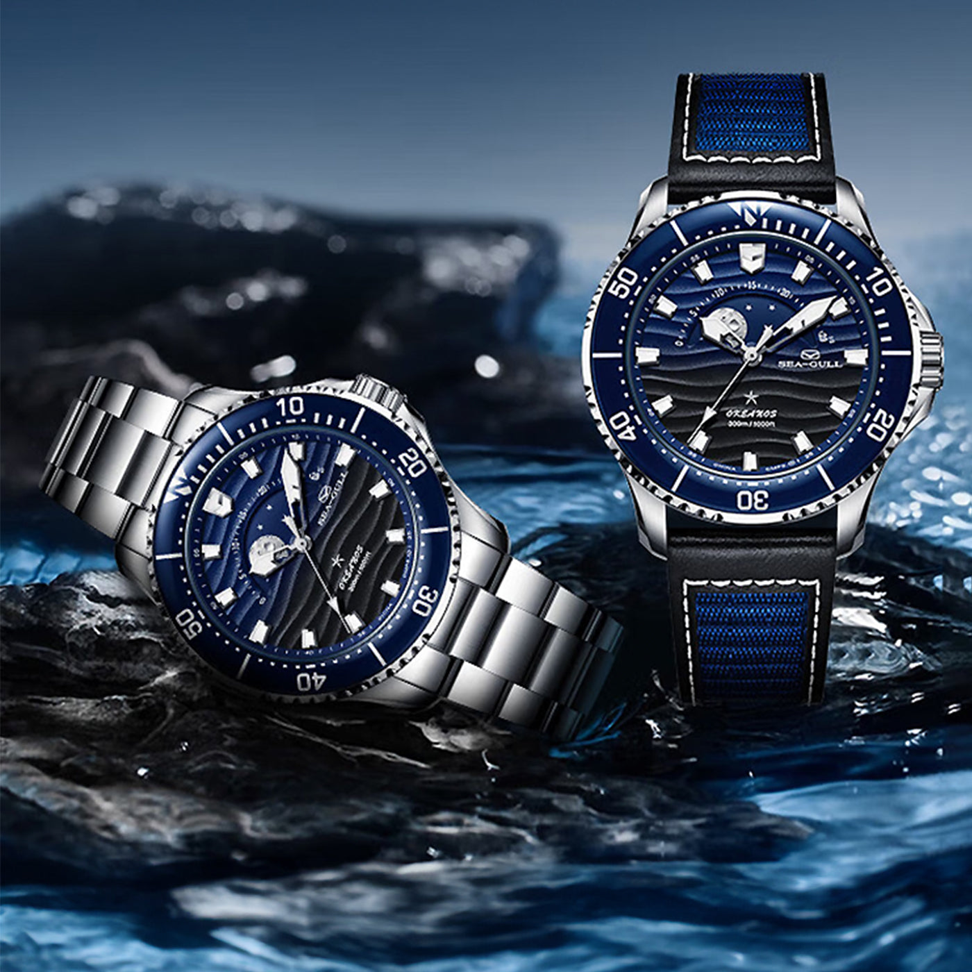 SEAGULL "Moon-Phase & Tide" Diver – 300m Water Resistant Luxury Sports Watch