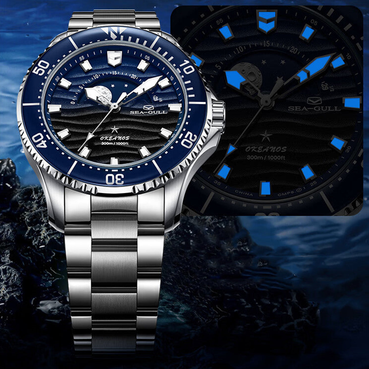 SEAGULL "Moon-Phase & Tide" Diver – 300m Water Resistant Luxury Sports Watch